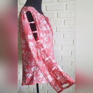 Fred David Blouse Floral Cut Out 3/4 Sleeves Top Pink White Size Small